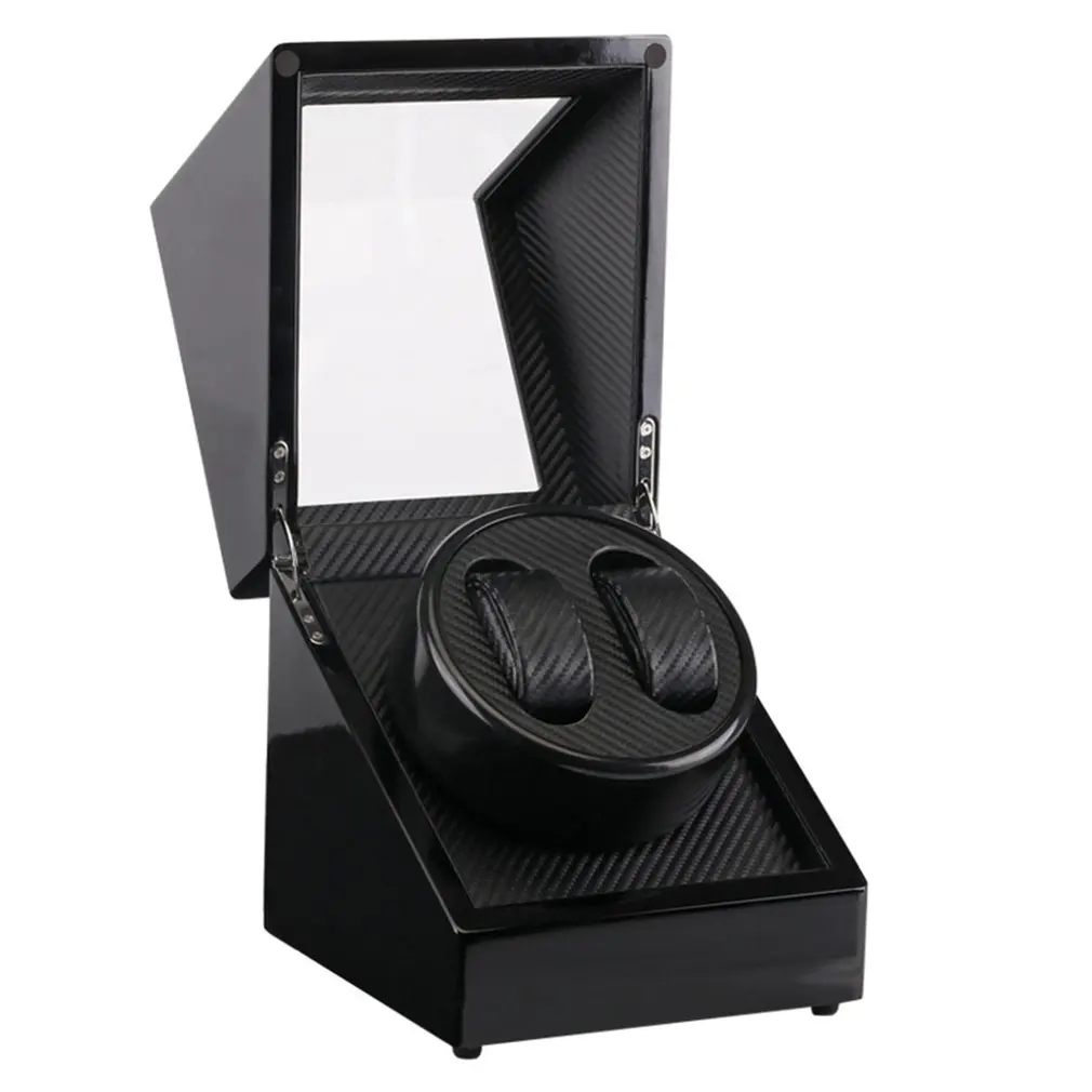 

US Plug Wooden Lacquer Piano Glossy Black Carbon Fiber Double Watch Winder Box Quiet Motor Storage Display Case for Watches