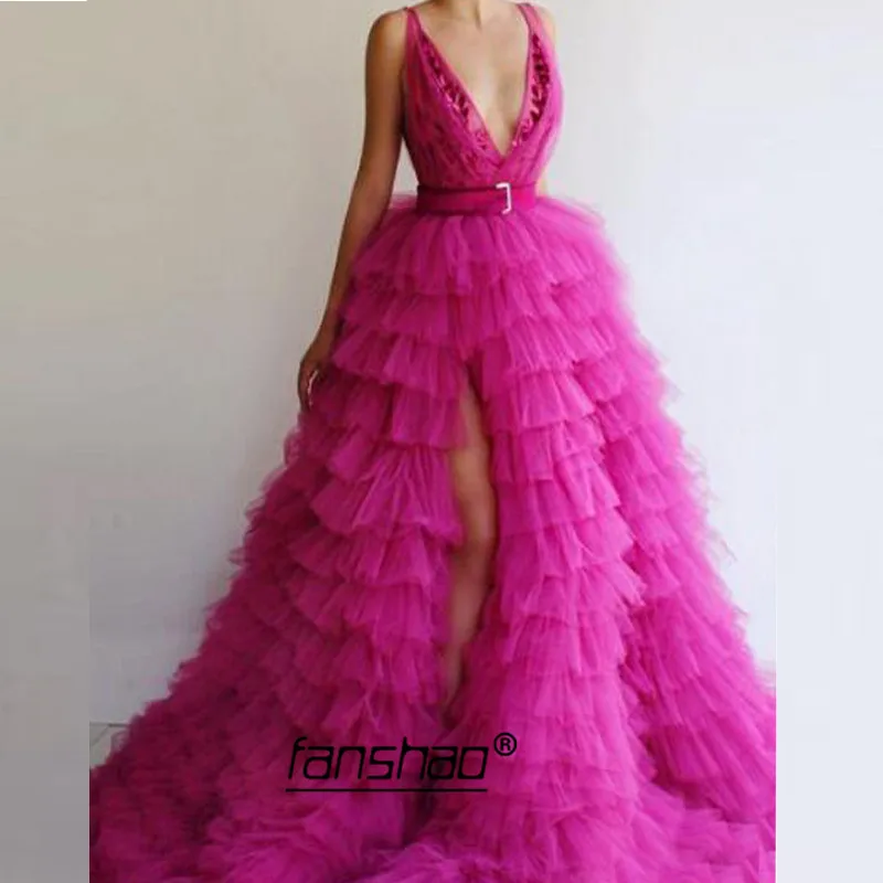 

Fuchsia Evening Dresses Tiered Slit V-neck Belt Applique Islamic Dubai Saudi Arabic Long Evening Gown Boho Prom Dress