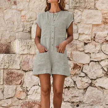 

plus size Women Summer Beach Playsuits Linen Cotton Casual Solid button pocket overalls short jumpsuits loose holiday playsuits