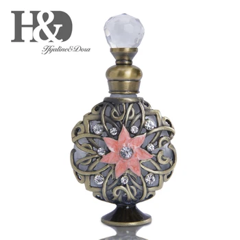 

H&D Refillable Decorative Bottles Bronze Curve and Star Flower Pattern Vintage Perfume Bottle with Flat Body Decor (10ml,Pink)