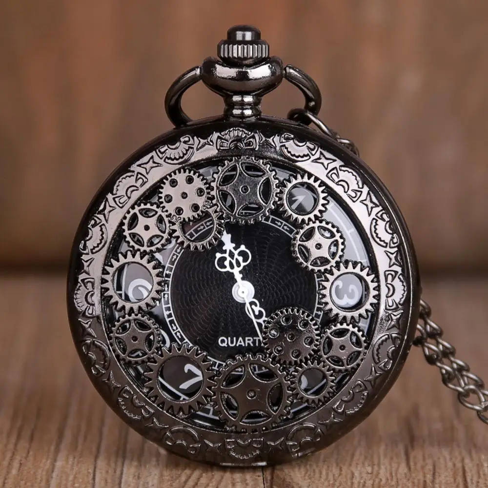 New Fashion Hollow Gear Black Bronze Shilver Quartz Pocket Watch Pendent Necklace Chain Clock reloj de bolsillo CF1036 | Наручные часы