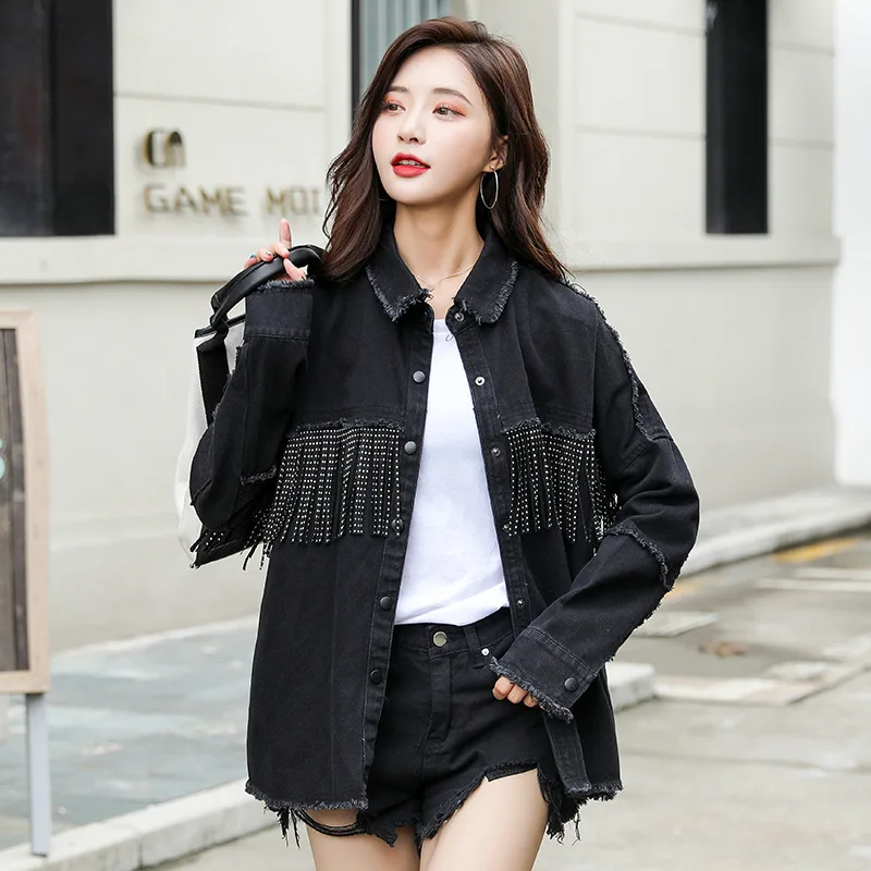 

Cowboy Loose Coat Woman Nail 2019 Autumn Tassels Split Joint Black Pearl Loose Jacket