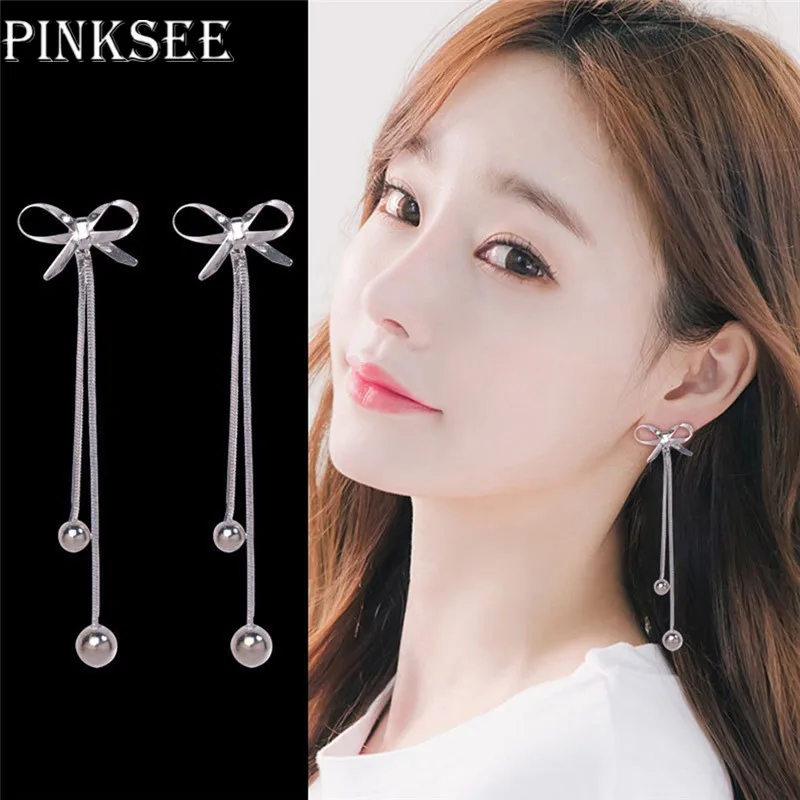 PINKSEE Exquisite Bow Long Tassel Drop Earrings Cute Temperament Line Cubic Zircon Crystal Jewelry | Украшения и аксессуары