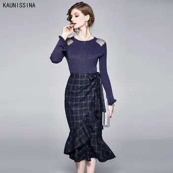 

Spring Autumn 2 Piece Set Women Fashion Shinning Sweaters Long Sleeve Knitted Tops + Irregular Plaid Ruffled Skirt Two Peice Set