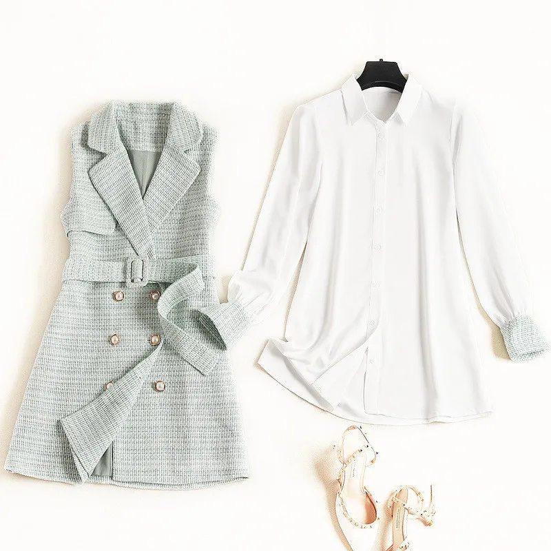 Высококачественное дизайнерское осенне-зимнее платье, женская одежда, однотонная белая шифоновая блузка с длинными рукавами и поясом, твидовое шерстяное платье, 2 предмета