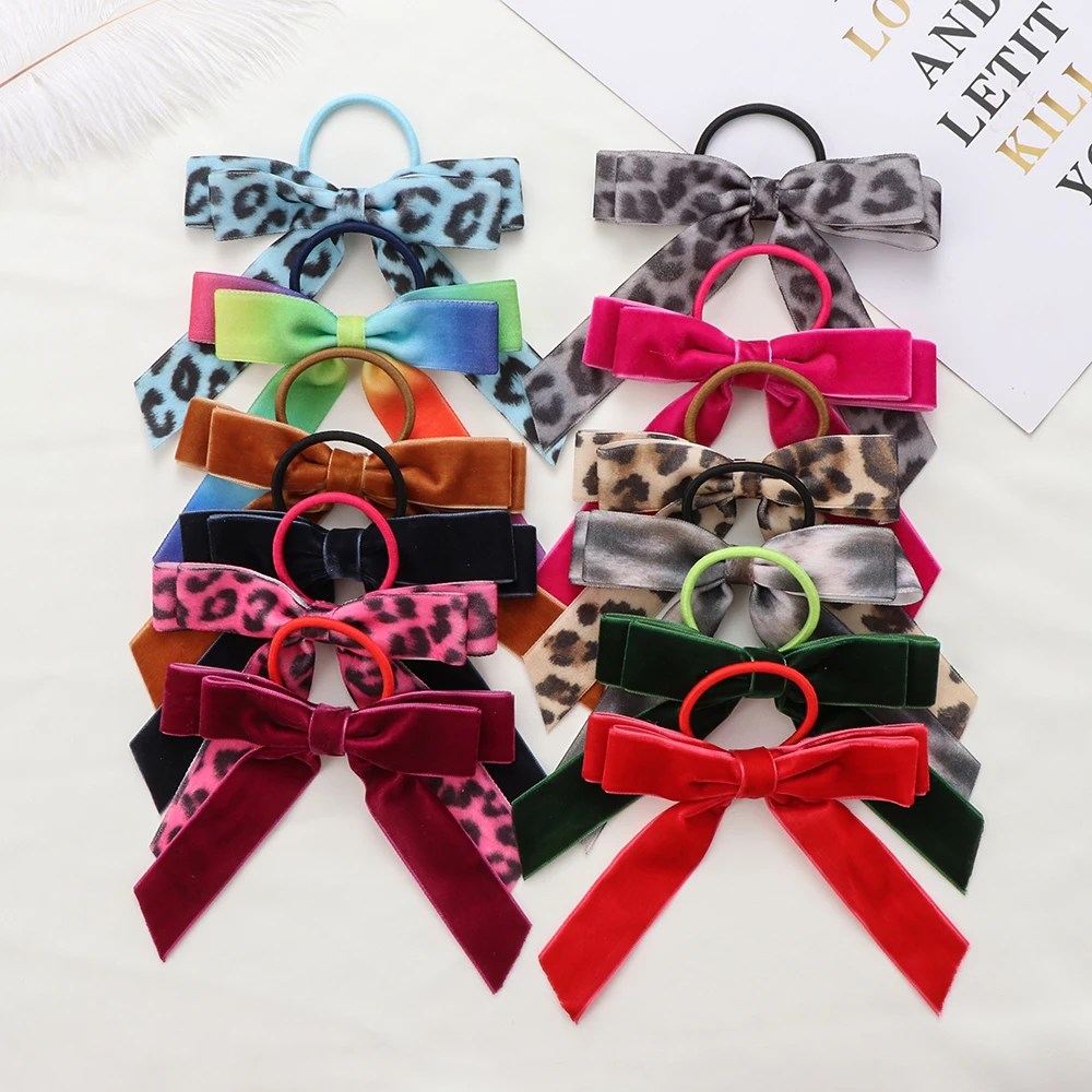 hair bows for women New Fashion Women Velvet Scrunchie Ribbon Bow Hair Rope for Girl Leopard Elastic Hair Band Ponytail Holder Headwear Accessories bride hair clip