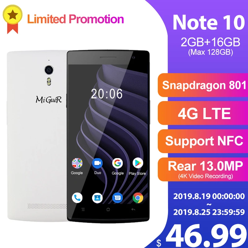 

MiGueR Note 10 4G NFC Smartphone 5.5''HD 2GB RAM 16GB ROM Snapdragon 801 Quad Core 13MP+5MP 2800mAh OTA OTG GPS LTE Mobile Phone