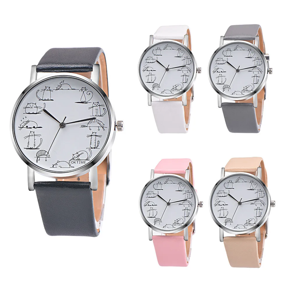 In Stock New 2020 Fashion Men Women Watch Lovely Cat Student Watches Leather Band Analog Quartz Wrist Watch erkek kol saati