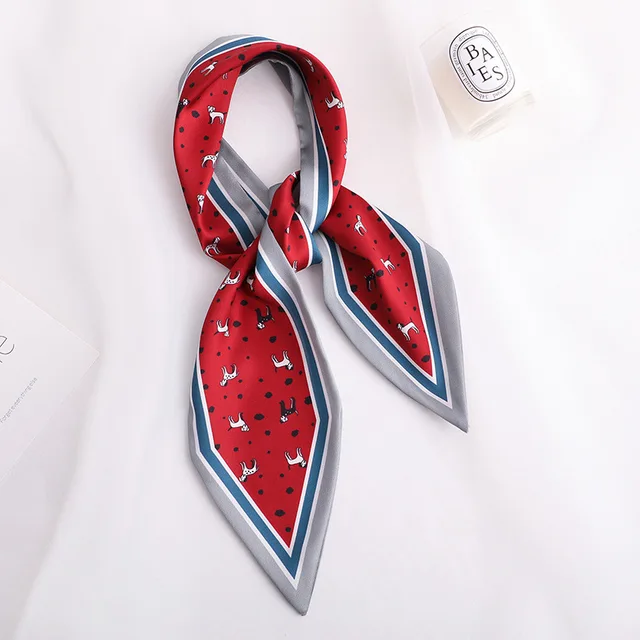 Sweet Love Print Women Small Silk Scarf Handle Bag Ribbons Female Head Scarves Sharp angle Green 90*10cm 1