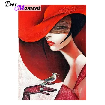 

Ever Moment Diamond Painting Red Hat Lady Graceful Portrait Full Square Resin Drills Adults Handicrafts Room Art Decor 4Y1055