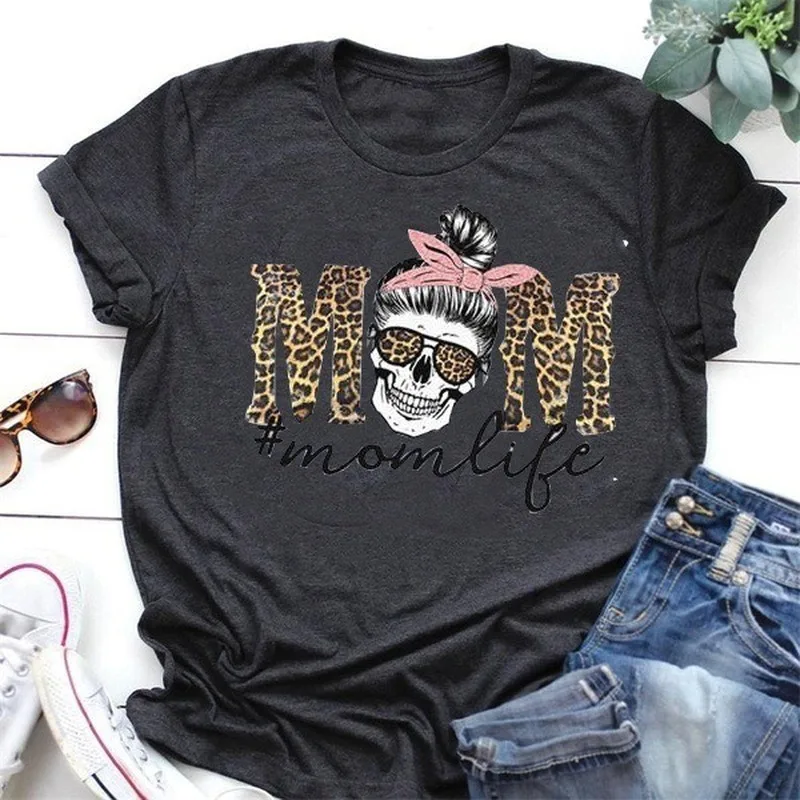 Camiseta con estampado de cabeza de calavera de leopardo para mujer, remera holgada de manga corta con cuello redondo, ropa para mujer