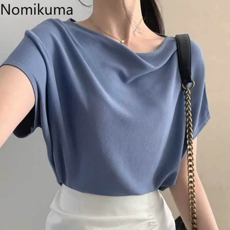 Женская футболка с коротким рукавом Nomikuma однотонная Повседневная вырезом