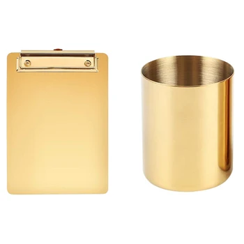

Gold Flower Vase Pen Holder Desktop Storage & A4 Clipboard Gold Stainless Steel Metal Legal Pad Menu Writing Pad