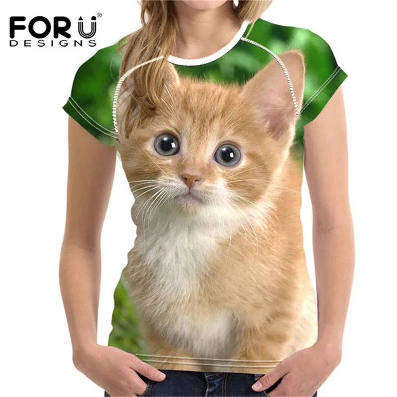 FORUDESIGNS футболка Kawaii, Милая футболка с кошачьими мордочками, Женская 3D летняя футболка, повседневные футболки, футболки с коротким рукавом - Цвет: W2925BV