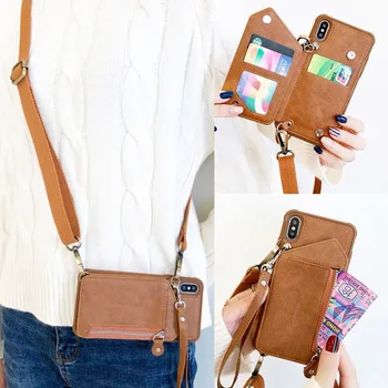 

For Samsung Galaxy S20 S8 S9 S10 PLUS S10E S20 Ultra Note 8 Note 9 Note 10 PLUS Leather Neck Strap Cord Card Holder Wallet Cover