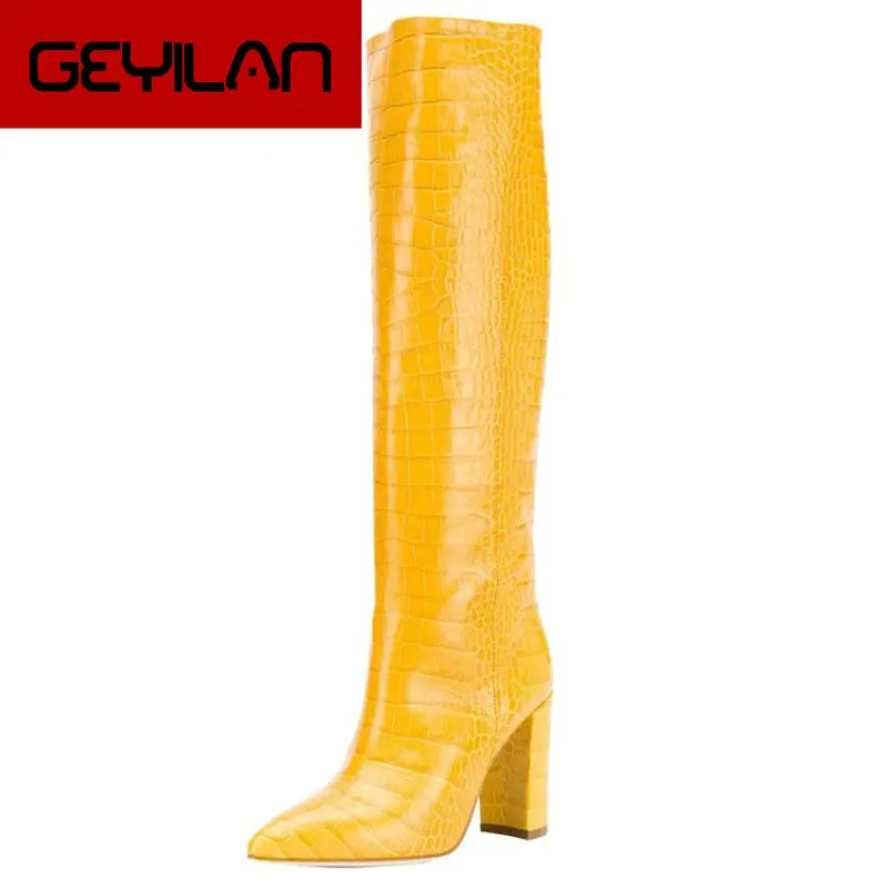

Snake Print Knee High Boots Women Pu Leather Square High Heels Long Boots Fashion Pointed Toe Autumn Winter Ladies Shoes 2019