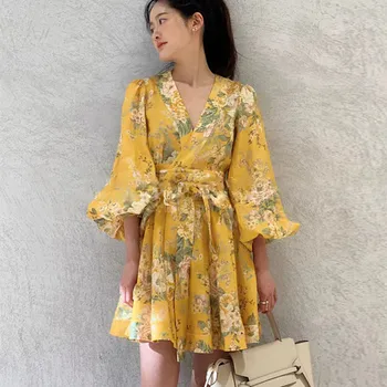 

2020 New Autumn Flower Print Lantern Sleeve Sexy Deep V neck Lace Up Runway Dress Yellow Vacation Wrap Dress
