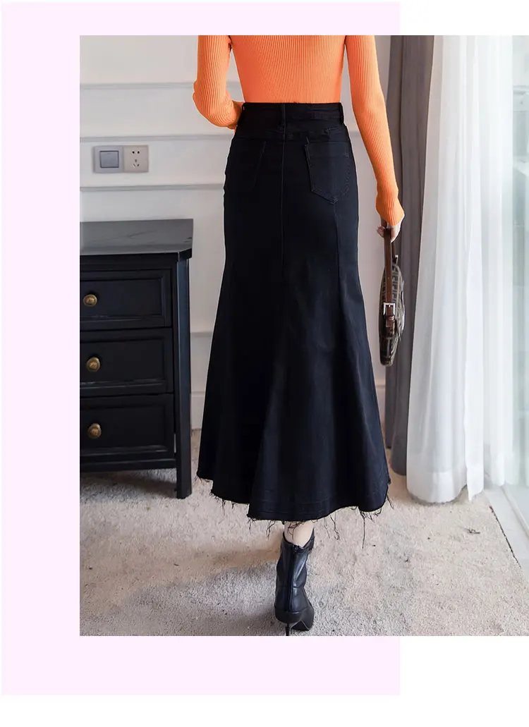 Черная джинсовая юбка-русалка, женские эластичные весенне-осенние джинсовые юбки с высокой талией и пуговицами