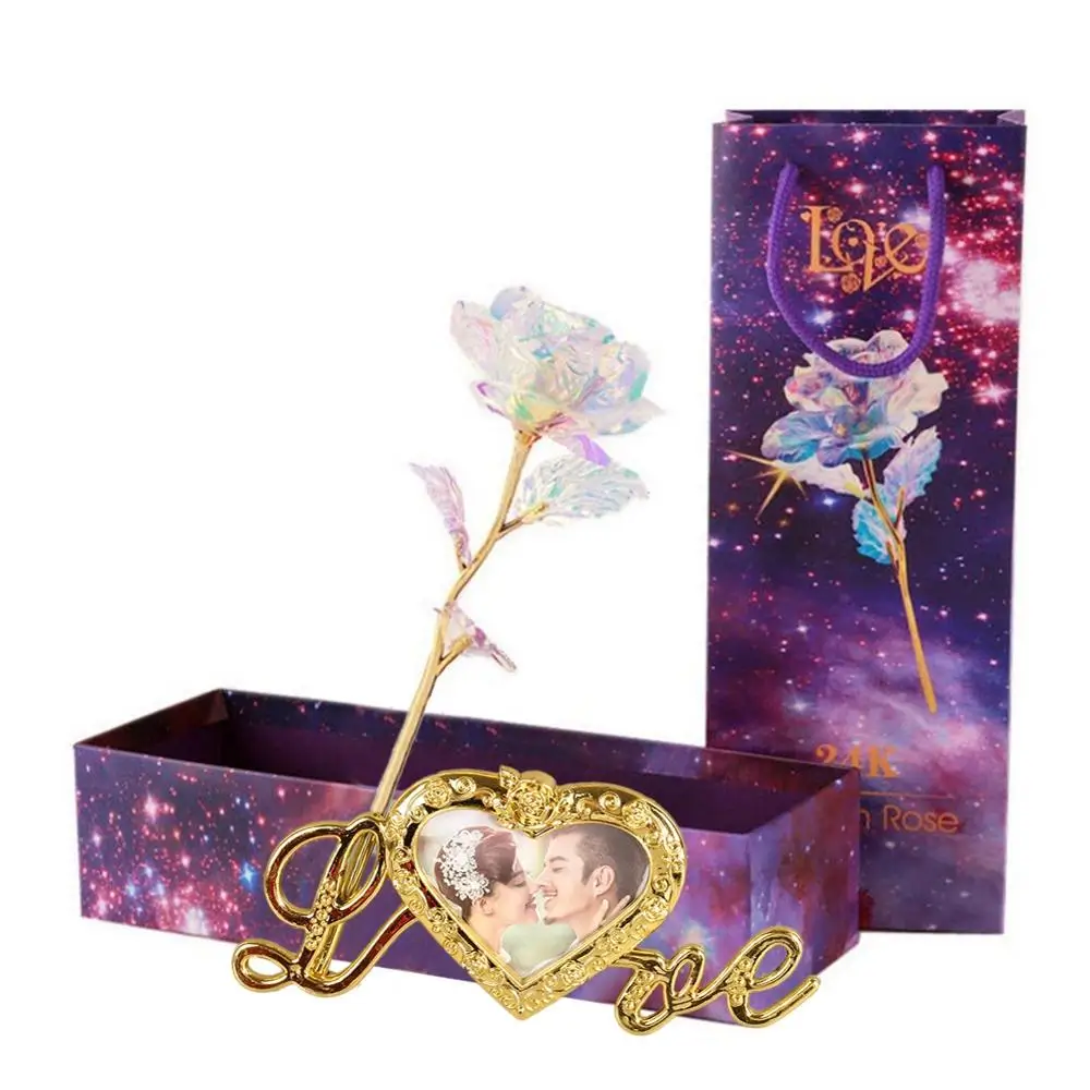 

24K Gold Plated Artificial Rose Flower With Photo Frame Base Unique Gifts For Valentine's Day Thanksgiving Mother's Day
