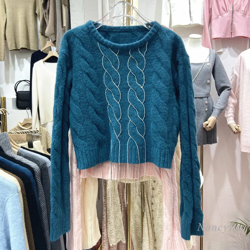 

Rhinestone Tassel Sweater Women 2021 Spring Winter New Pullover Jumper Slim All-Matching Long Sleeve Short Pull Femme