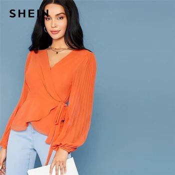 

SHEIN Bright Orange Deep V Neck Tie Side Wrap Blouse Women Tops 2019 Autumn Pleated Sleeve Solid Elegant Belted Shirt Blouses