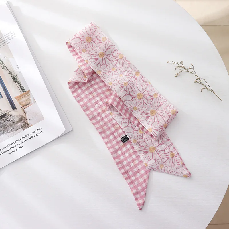 Summer French Retro Pink Tied Hair Small Floral Long Silk Scarf Headband Braided Hair Chiffon Thin Ribbon Scarf 3