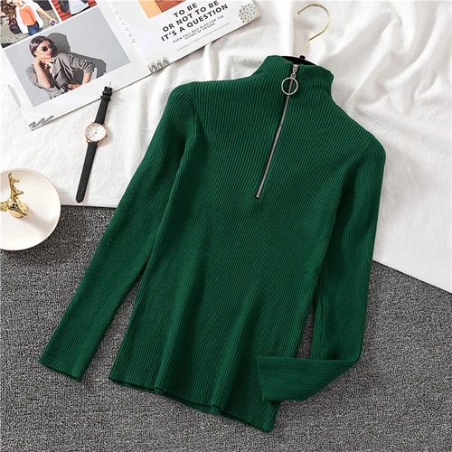 Woherb, Осень-зима, базовый вязаный свитер для женщин, на молнии, заплатка, половина, водолазка, тонкий пуловер, джемпер,, корейский стиль, Modis Pull Femme - Color: green