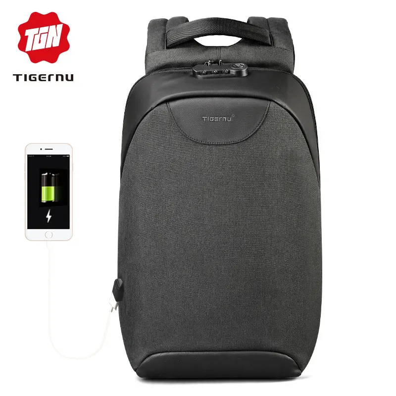 Black grey Tigernu Женщины Анти Вор TSA Lock женский Рюкзак для ноутбука USB зарядка Школьная Сумка для Девочек-Подростков Женские Рюкзаки - Цвет: Black grey