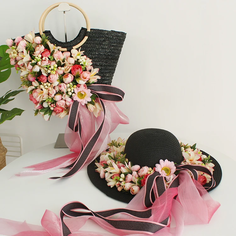 Women Fashion Summer Beach Bag Black Weave Rattan Artificial Flowers Studded Soft Scarves Straw Handbag Hat Suit Holiday Tote