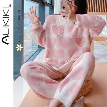 

Pearl Heart Home Suit Women Pajamas Set Autumn Winter Long Sleeve Pants Sleepwear Loose Two Piece Set Wool Pyjama