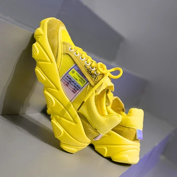 

Casual White Sneakers Platform Summer Outside Leather Sneakers Women Flats Soft Leisure Women Shoes Chunky Sneakers Yellow 2020