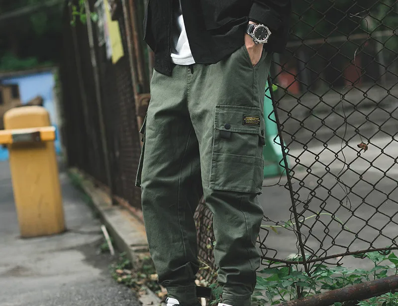Одноцветные модные мужские брюки с несколькими карманами, длина по щиколотку, уличная одежда, повседневные военные рабочие брюки-карго, мужские брюки - Цвет: Зеленый