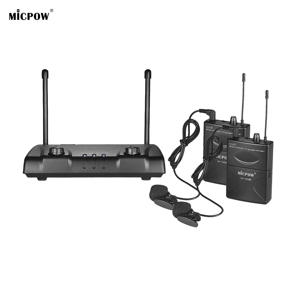 

MICPOW W-10 VHF Dual Channel Wireless Microphone Mic System with 2 Lapel Lavalier Microphones & Bodypack Transmitters for Speech
