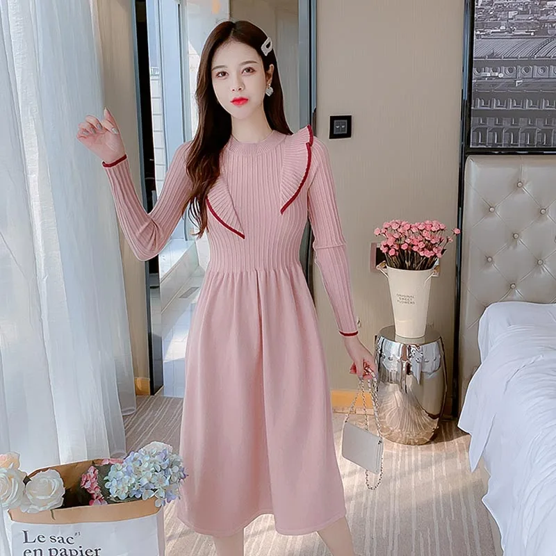 

One-Piece Korean 2020 Autumn Winter Women Knitting Dress French Temperament Over The Knee Base Skirt O-Neck Casual Sweet Dresses