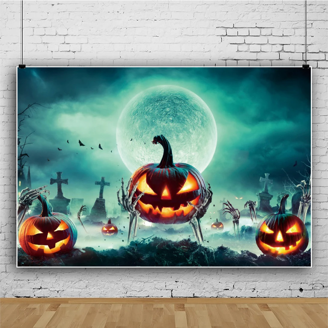

Laeacco Pumpkin Lantern Halloween Poster Moon Bat Family Photocall Horrible Ghost Forest Photo Background Photographic Backdrops