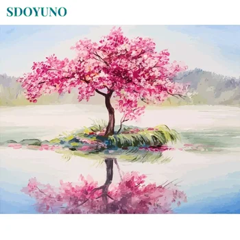 

SDOYUNO Painting by numbers Peach Tree Reflection 60x75cm DIY Drawing By Numbers Frameless Home Decor Digital Painting On Canvas