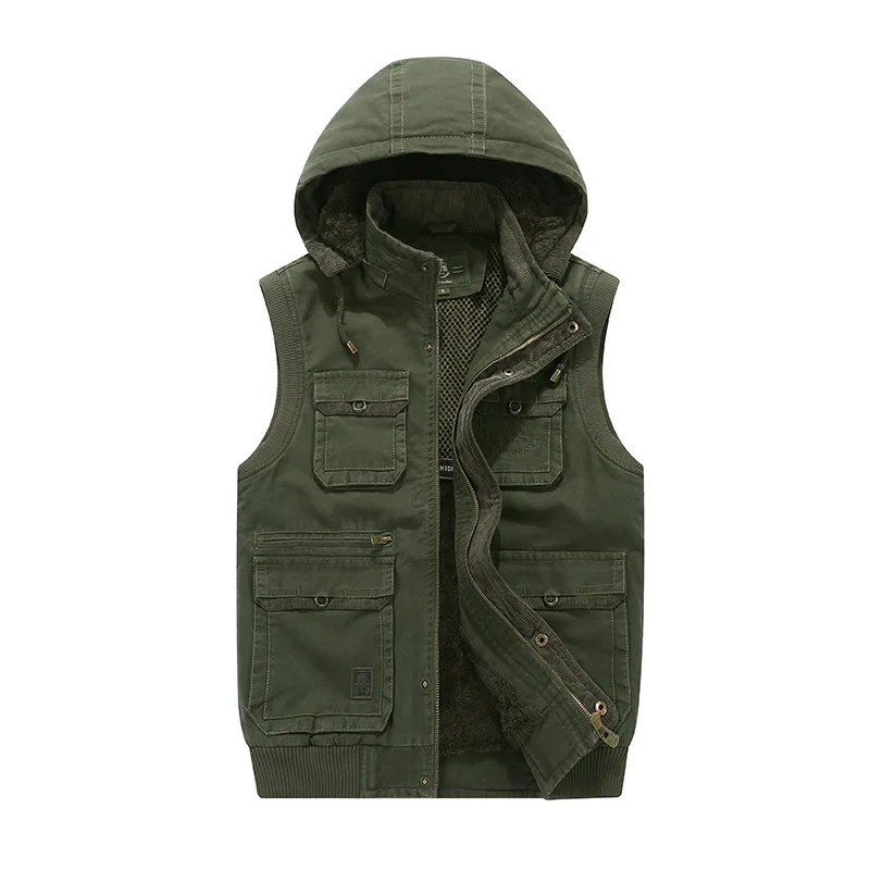 

Men Casual Vest Autumn New Style plus Velvet plus Cotton Large Size Waistcoat Multi-pockets Solid Color Fishing Vest