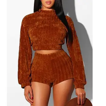 

New Autumn Fashion Women Long Sleeve High Neck Crop Top Shorts Sets Two Piece Outfits Set Jumpsuit Playsuit Casual Clothes