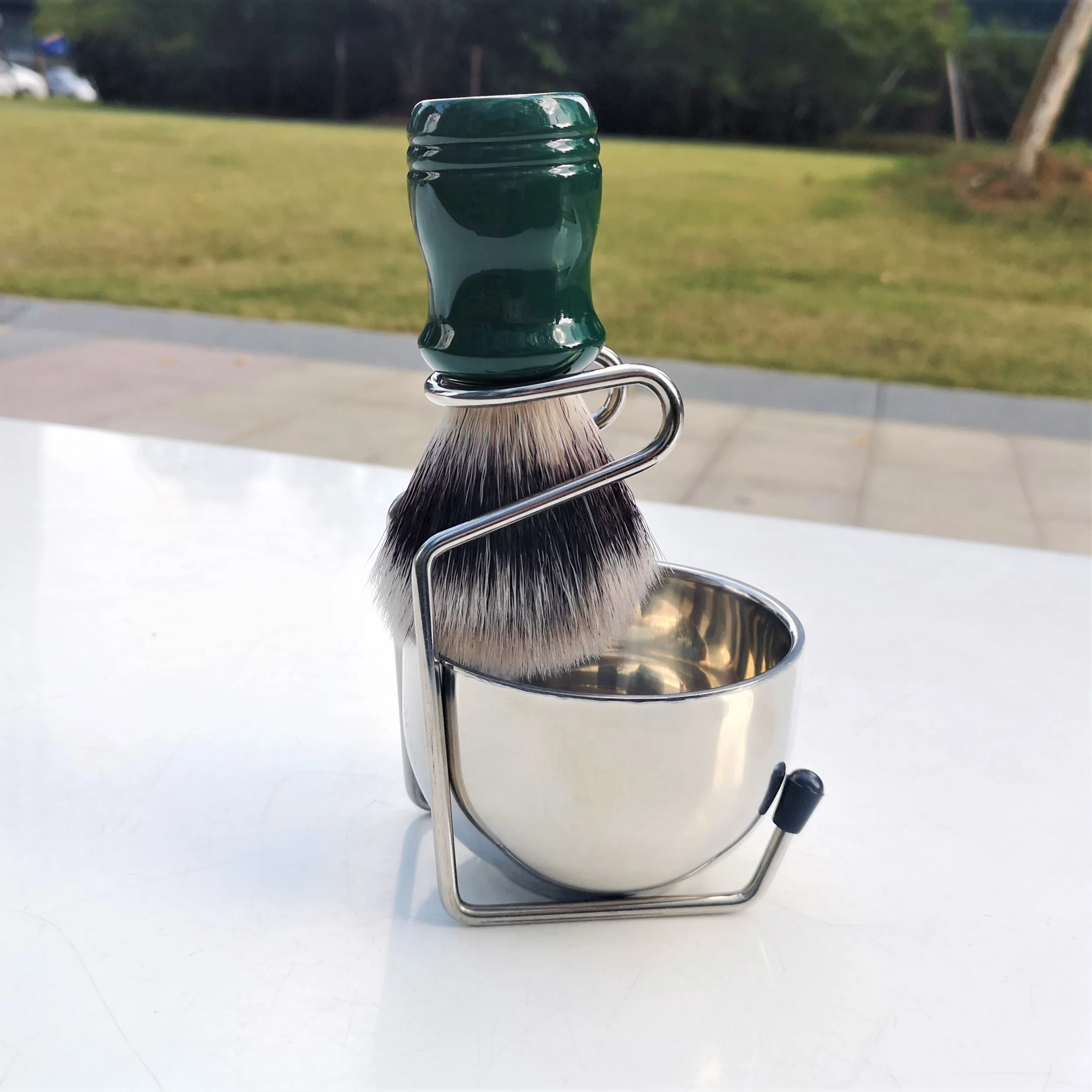 Набор мужских щеток для бритья, высокая плотная синтетическая Парикмахерская щетка для бритья со стальной подставкой и чашей зеленого цвета