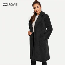 COLROVIE/однотонное длинное пальто-Тедди; женские Гламурные черные пальто; коллекция года; сезон осень-зима; теплые пальто с зубчатым воротником; дубленки