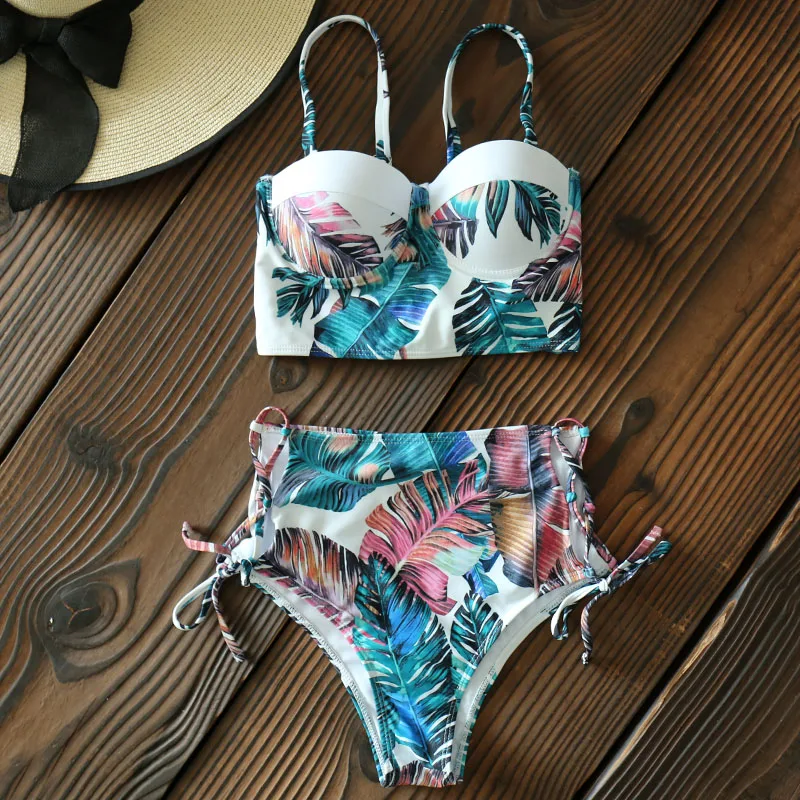 Hb4a36ad264f94685828ad3e273e9357dO High Waist Swimwear 2019 New Leaf Print Bikinis Women Swimsuit Vintage Retro Bathing Suit Halter Biquini Maillot de bain femme
