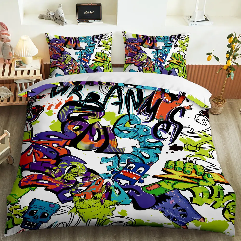 

3D Hip-hop graffiti Printed Bedding Set Adult Kids Popular Duvet Cover Set Pillowcase Twin Full Queen King Bed Linens