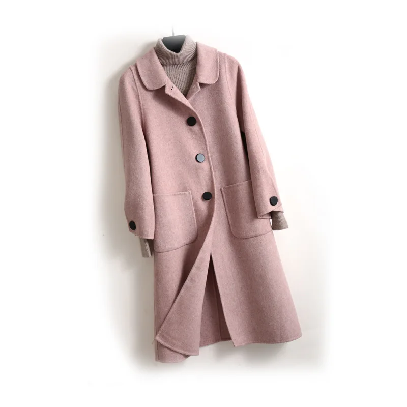Ladies Woolen Overcoat Wool Blend Coat Winter Loose Women Windbreaker Long Jacket Classic Double Face Cute Hot Cashmere Red Coat - Цвет: Pink