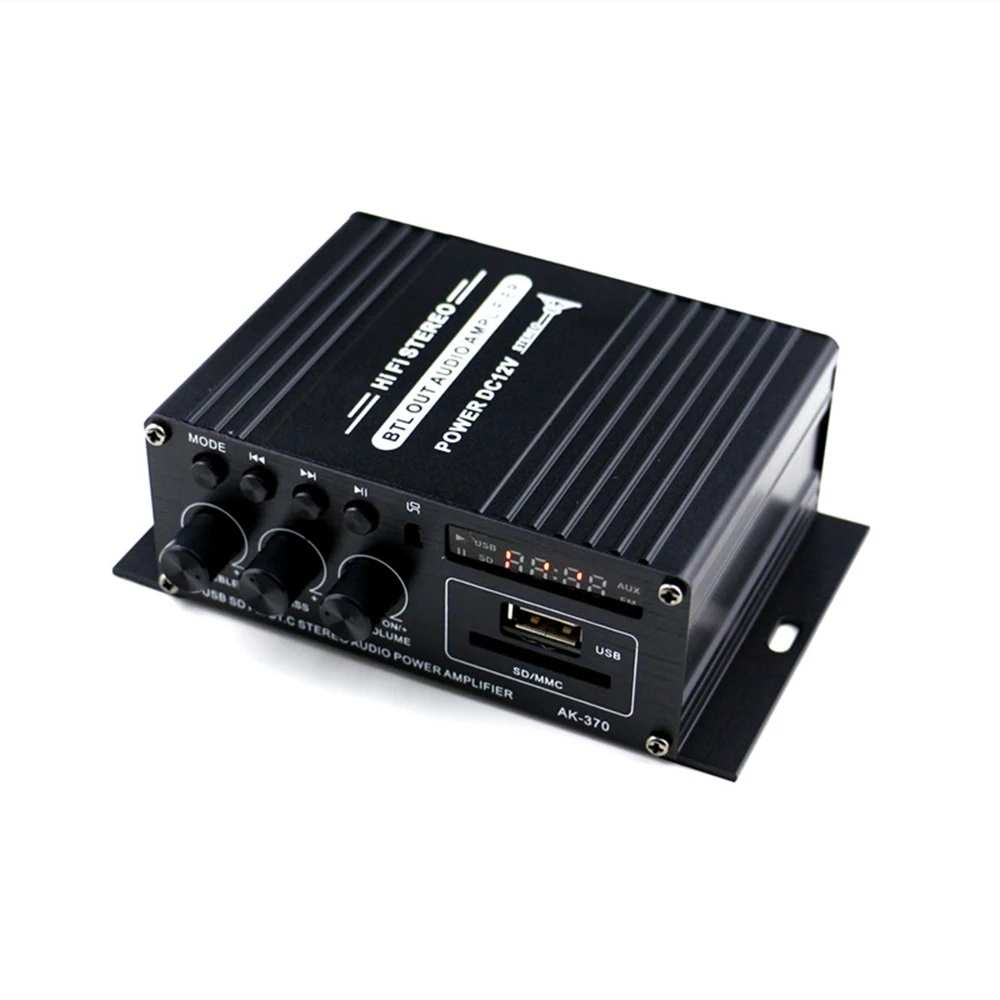 AK370 12 В мини аудио усилитель мощности USB SD MP3 FM BT цифровой аудио приемник двухканальный бас стерео усилитель для автомобиля домашнего использования