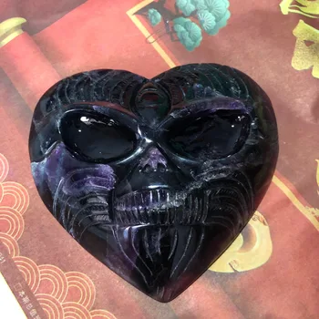 

1pcs Hand-carved natural crystal heart green fluorite crystal heart with skull face reiki healing tai