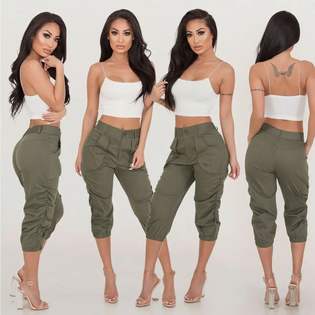 S-2XL Womens Cargo Pants High Waist Jogger Skinny Trousers Pockets Stretch Pleated Capri Length pants UK S-2XL Womens Cargo Pants High Waist Jogger Skinny Trousers Pockets Stretch Pleated Capri Length pants UK