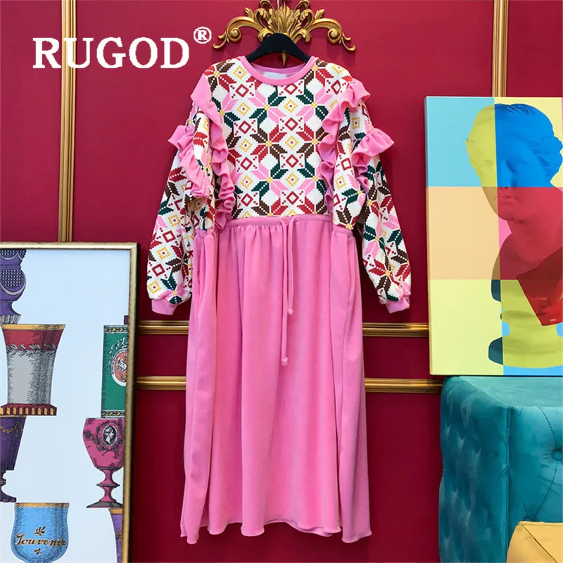 RUGOD японский цветочный принт бархатное платье Женская мода шнурок на шнуровке Туника Платье Зима Весна толстое Платье макси с длинным рукавом