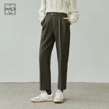 

ZIQIAO Women's Winter Moss Green High Waist Straight Loose Cropped Suit Trousers Women Button Decoration Thicken Commuter Pants