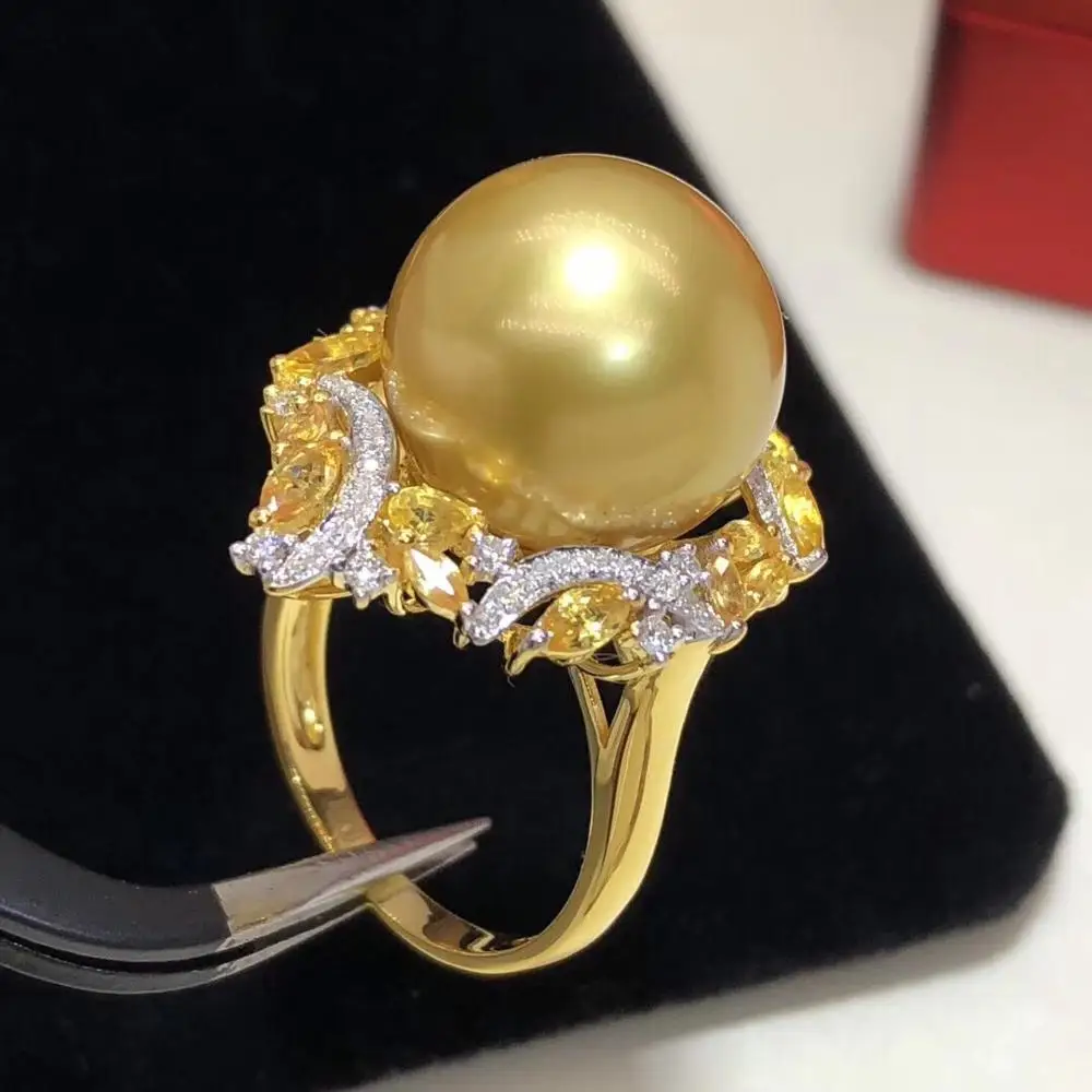 Ювелирные украшения 18K розовое золото натуральный океан золотые кораллы 13-14 мм кольца для женщин тонкие кольца с жемчугом