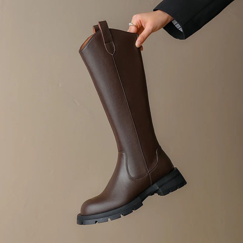 

2021 Autumn Winter New Women's High Boots Genuine Leather Slip-On Round Toe Women Boots Thick Heel Knee-High Women Shoes WESTERN